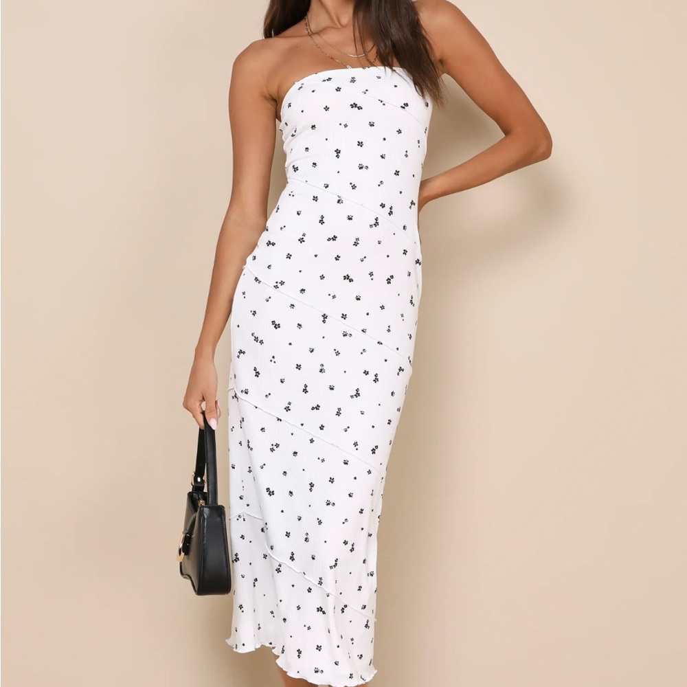 Lulu's White Strapless Sheath Midi Dress
